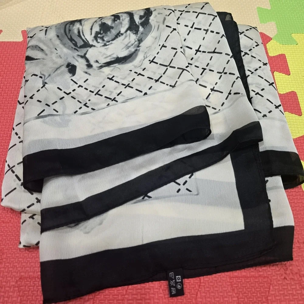 Luxury 100% Mulberry Silk Long‎ Scarf - Elegant Black & White Floral Camellia...